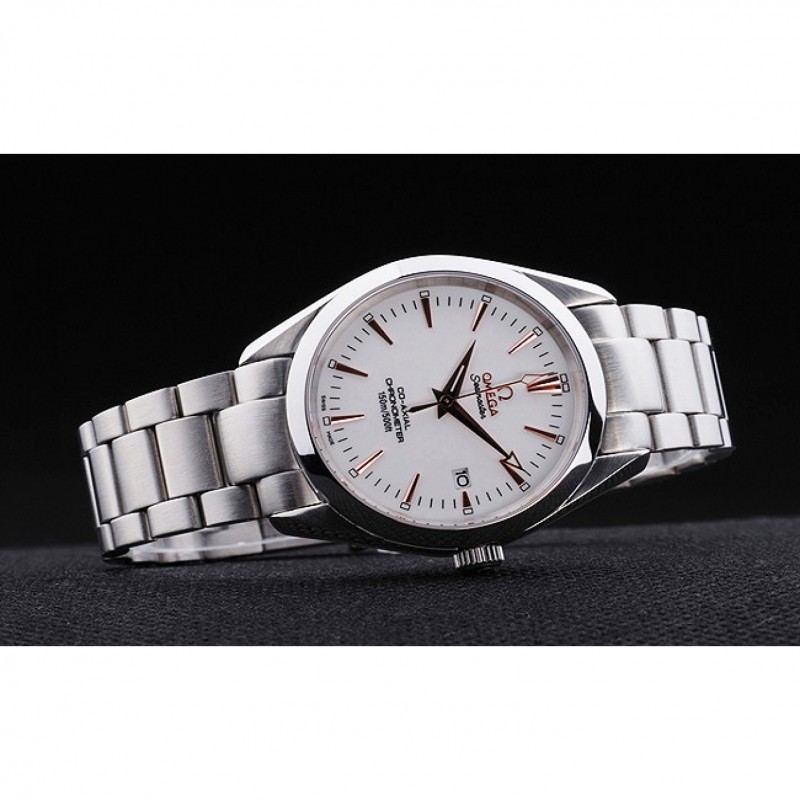 Omega Seamaster OM16 Replica Watch, Quartz Movement, Silver Dial, Brushed Steel Case, White Band