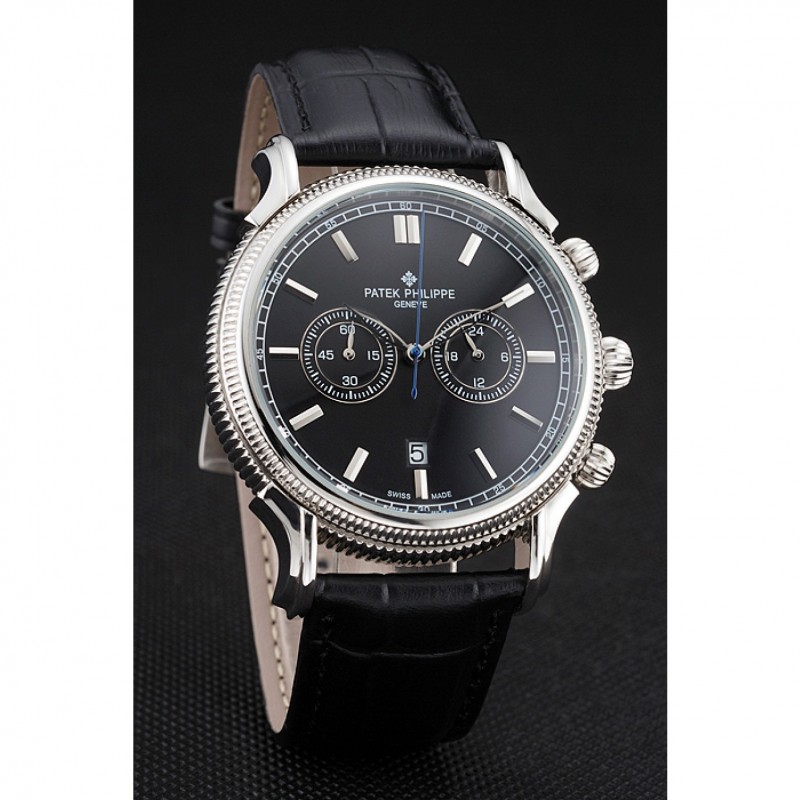 Patek Philippe Chronograph Replica, Quartz Movement, Black Dial, Stainless Steel Case, 52x40mm