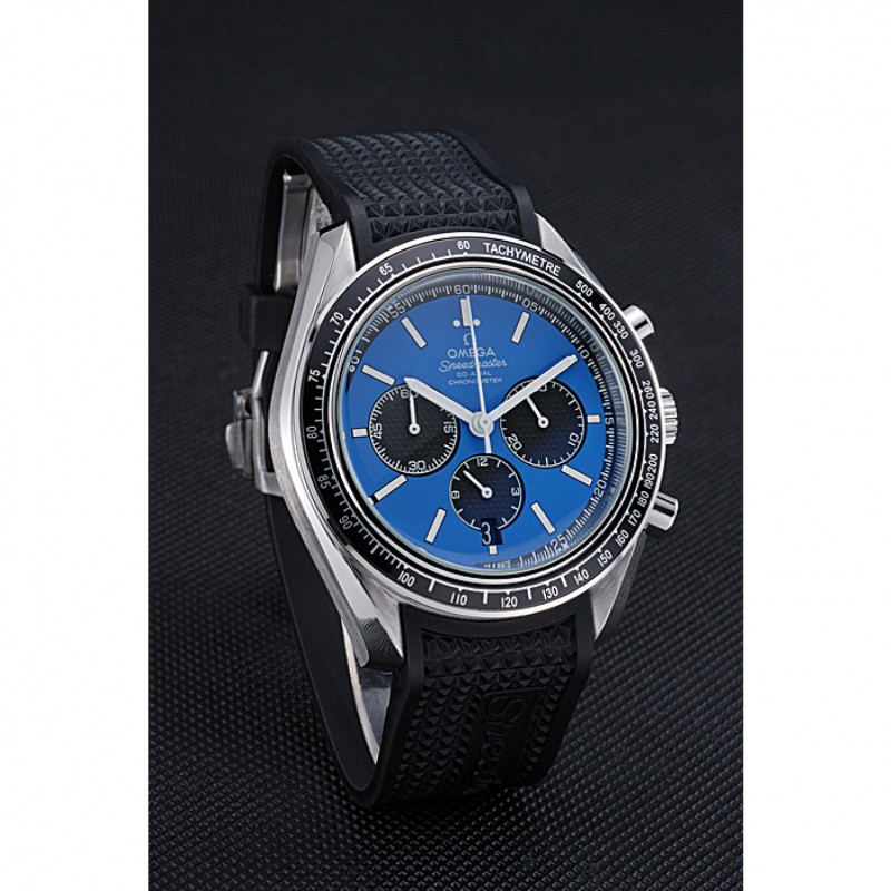 Omega Speedmaster 622043 Replica Watch, Japanese Miyota Quartz, Blue Dial, Black Rubber Strap