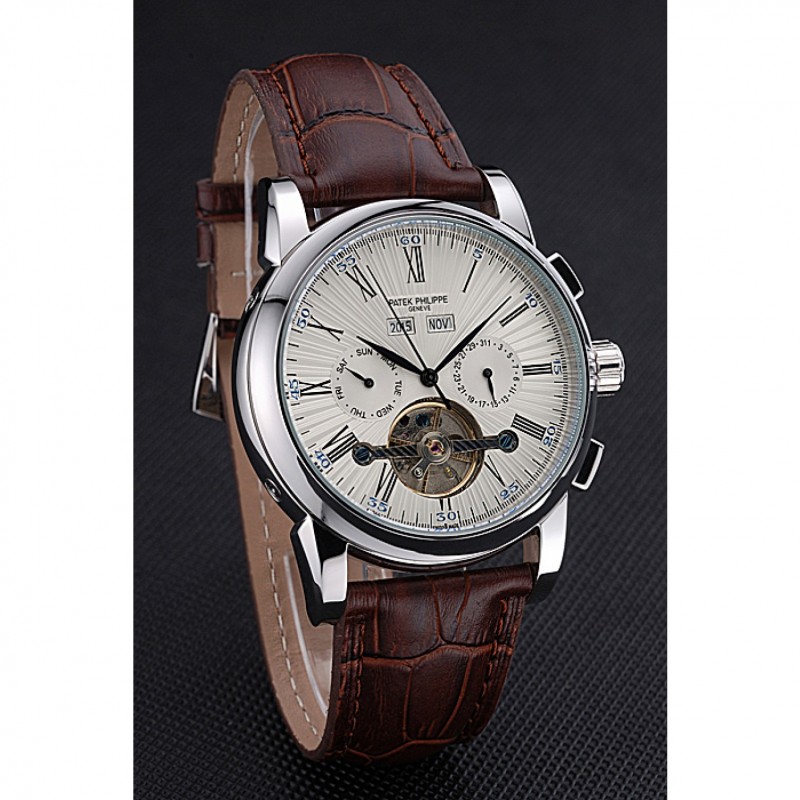 Patek Philippe Grand Complications Replica Watch, Automatic Kinetic, White Dial, Polished SS, Brown