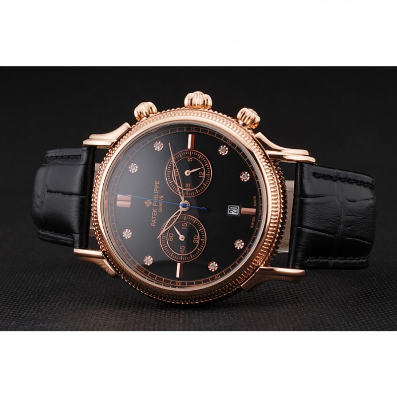 Patek Philippe Chronograph Replica Watch, Complications, Quartz, 18k Rose-Gold Plated, Black Dial