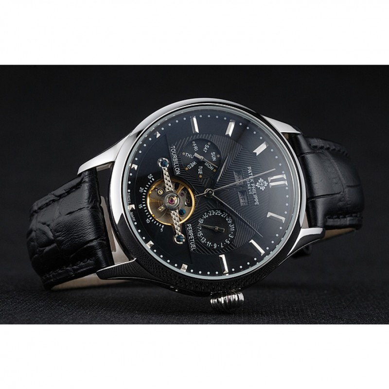 Patek Philippe Day Date Tourbillon 622839 Replica Watch, Automatic Movement, Black Dial, Leaf-Steel