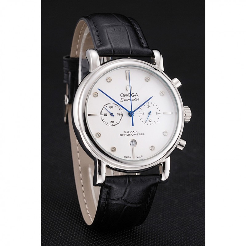 Omega Seamaster Replica Watch, Quartz Movement, Polished Stainless Steel, Black Leather Strap