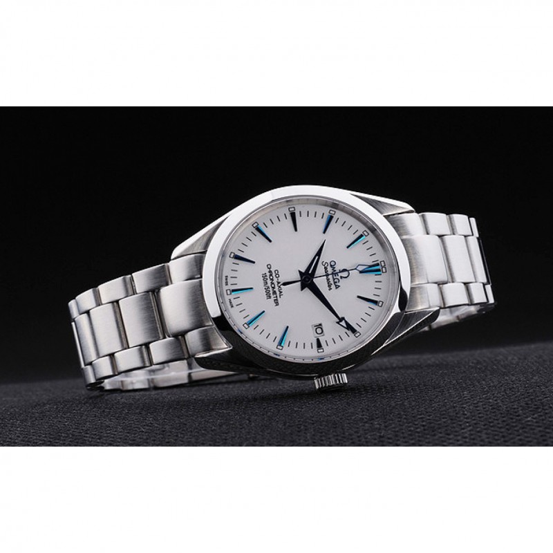 Omega Seamaster OM14 Replica Watch, Quartz Movement, Silver Dial, Brushed Steel Case, White Band