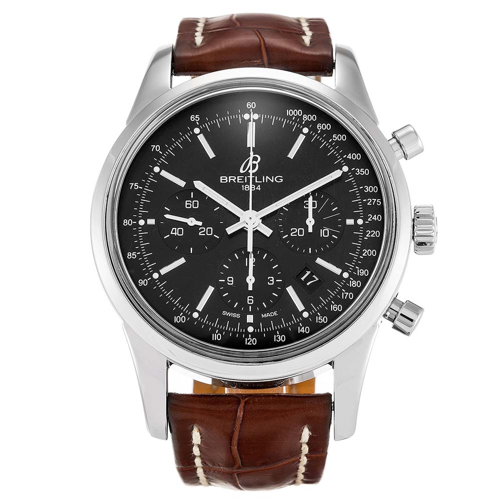 Breitling Transocean Chronograph AB0152 Mens Quartz 43mm 316 Steel Case Brown Leather Bracelet