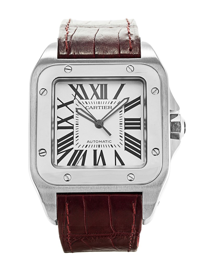 Cartier Santos 100 W20073X8 Mens Automatic 38MM Steel Case Brown Leather Bracelet White Dial
