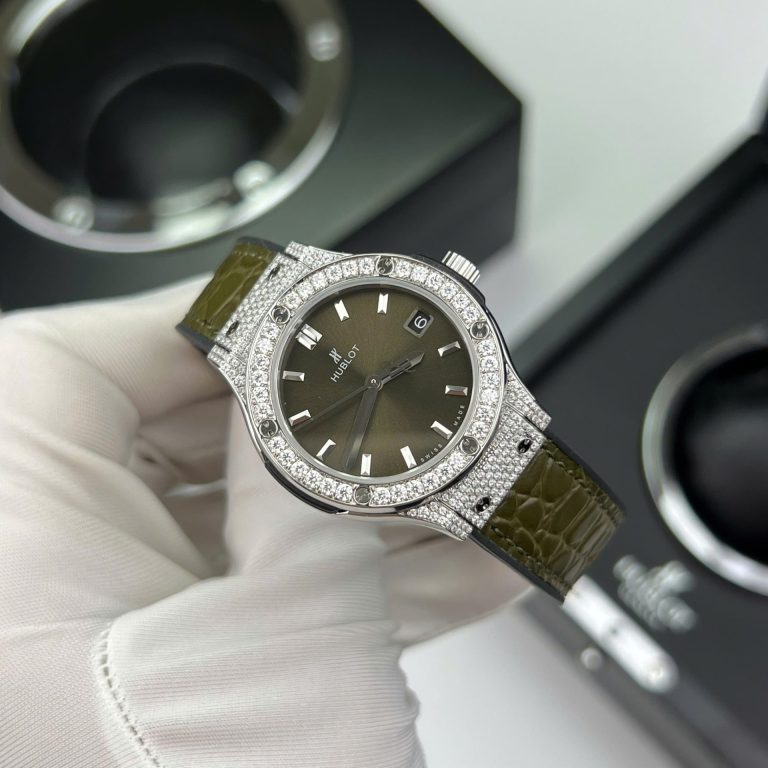 Hublot Classic Fusion Titanium Green 33mm Custom Moissanite Diamonds