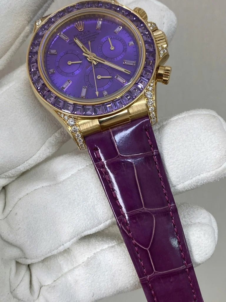 Rolex Cosmograph Daytona Purple Custom 18K Solid Gold + Natural Gemstone Watch 40mm Super Clone