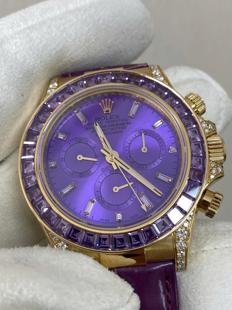 Rolex Cosmograph Daytona Purple Custom 18K Solid Gold + Natural Gemstone Watch 40mm Super Clone
