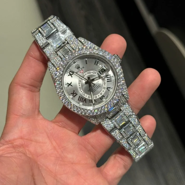 Rolex Sky-Dweller Silver Dial Super Clone Watch with Full Moissanite Diamonds Custom 42mm