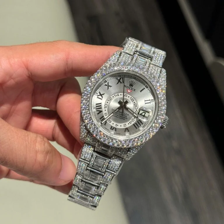 Rolex Sky-Dweller Silver Dial Super Clone Watch with Full Moissanite Diamonds Custom 42mm