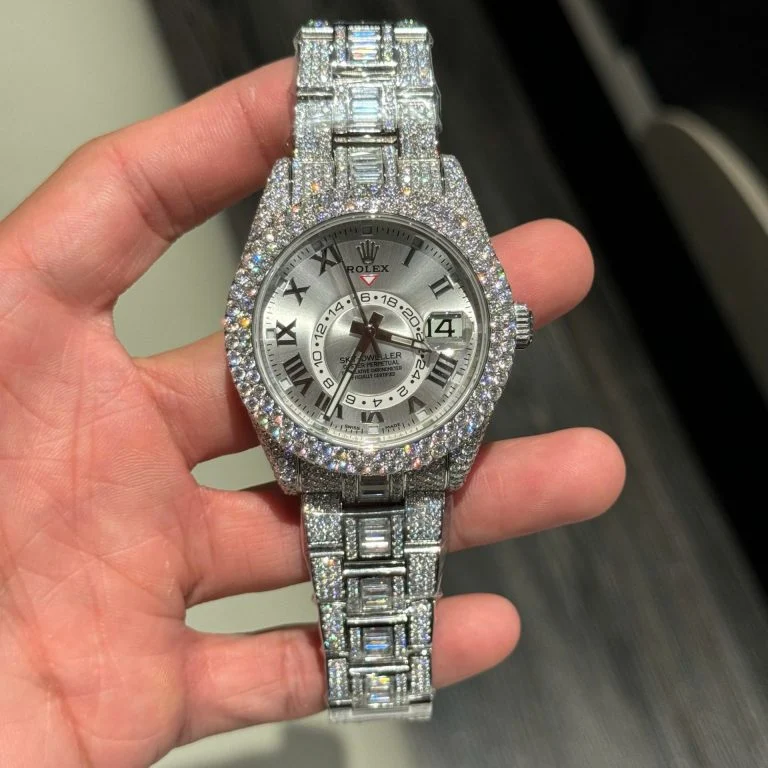 Rolex Sky-Dweller Silver Dial Super Clone Watch with Full Moissanite Diamonds Custom 42mm