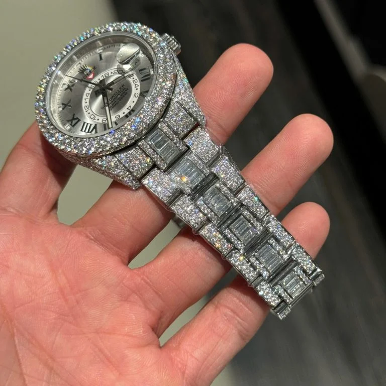 Rolex Sky-Dweller Silver Dial Super Clone Watch with Full Moissanite Diamonds Custom 42mm