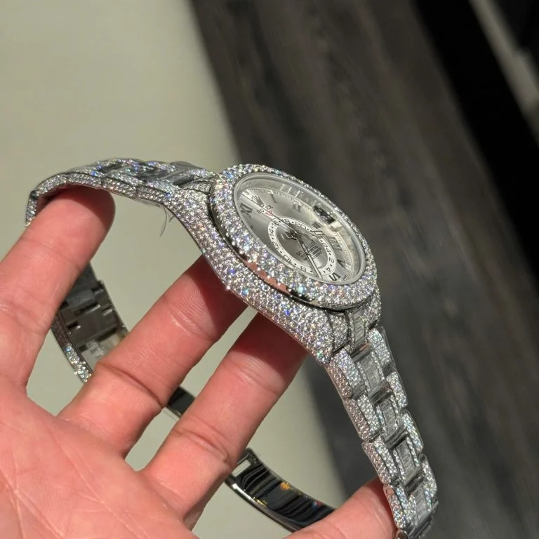 Rolex Sky-Dweller Silver Dial Super Clone Watch with Full Moissanite Diamonds Custom 42mm