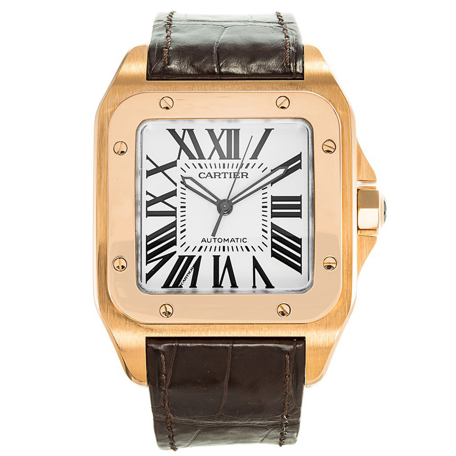 Cartier Santos 100 W20095Y1 Mens Replica Watch Auto Movement 38mm Steel Gold Plated Brown Leather