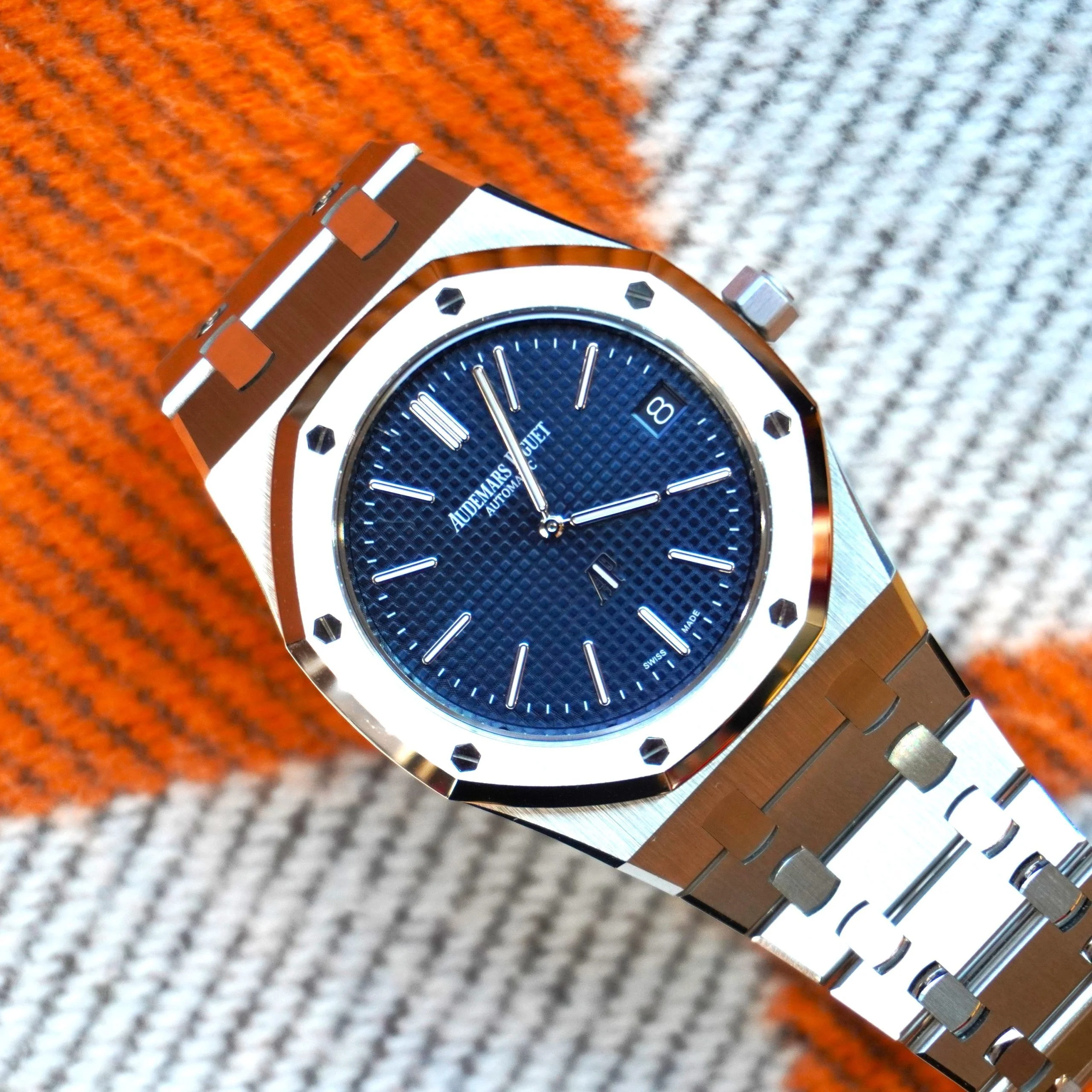 Custom Modded Royal Oak 39mm 15202 SS PPM Blue Textured Dial on SS Bracelet AP2121