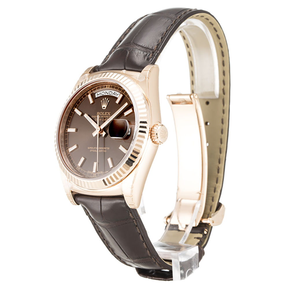 Rolex Day-Date 118135 Chocolate Baton Mens Watch Automatic 36mm Steel Case Crocodile Brown Bracelet