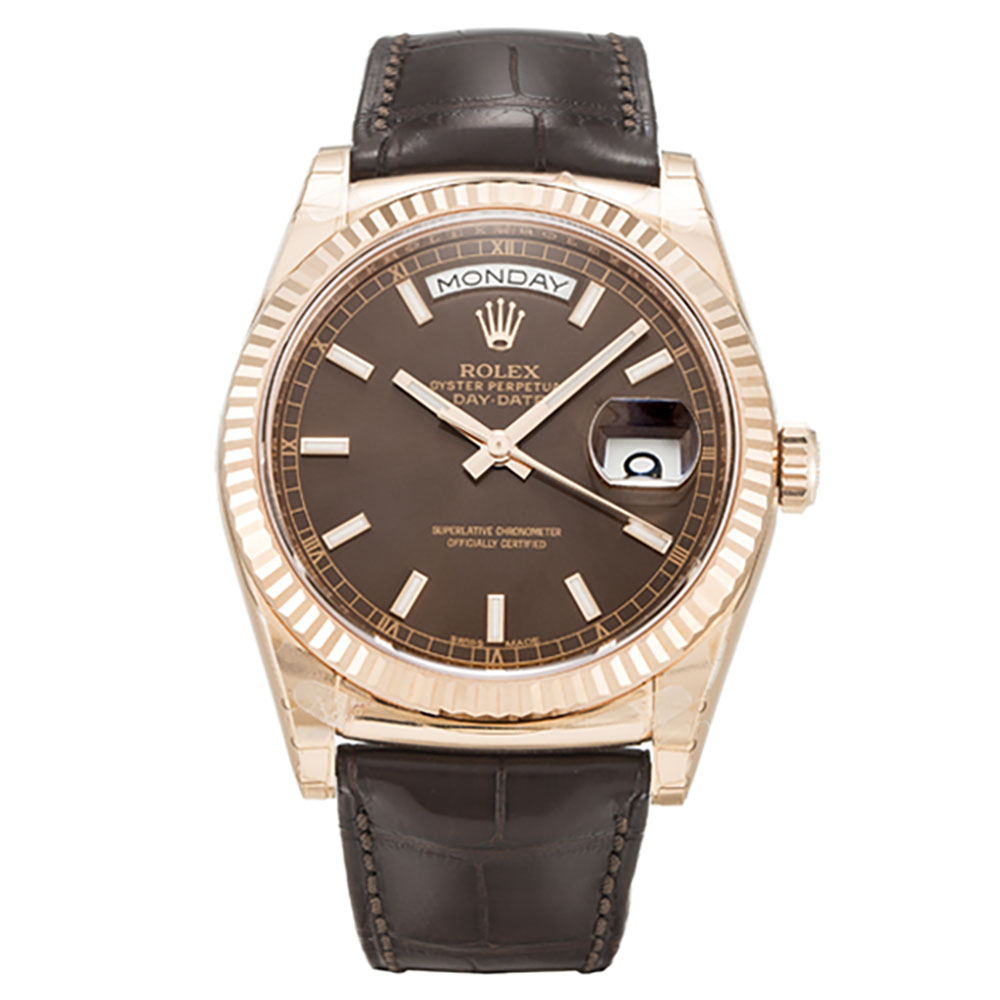 Rolex Day-Date 118135 Chocolate Baton Mens Watch Automatic 36mm Steel Case Crocodile Brown Bracelet