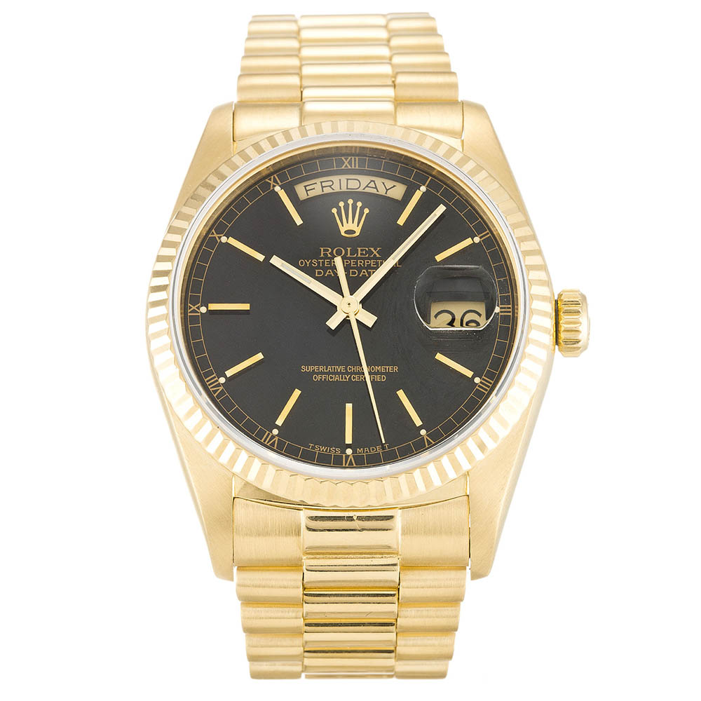 Rolex Day-Date 18038 Automatic Mens Watch, 36mm Black Baton Dial, Steel Case, President Bracelet