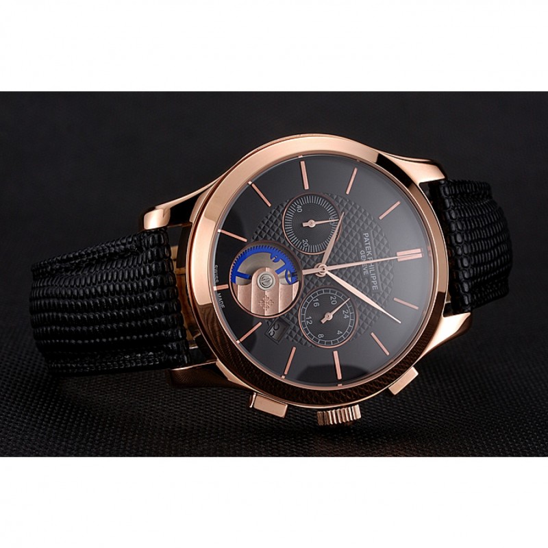 Patek Philippe Chronograph Replica Watch, Quartz Movement, 18k Rose-Gold Plated, Black Dial, Men's