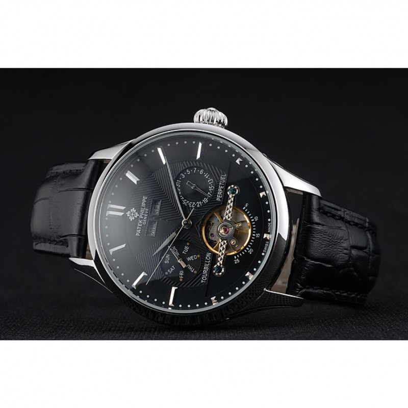 Patek Philippe Day Date Tourbillon 622839 Replica Watch, Automatic Movement, Black Dial, Leaf-Steel