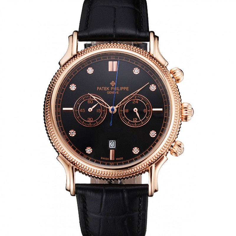 Patek Philippe Chronograph Replica Watch, Complications, Quartz, 18k Rose-Gold Plated, Black Dial