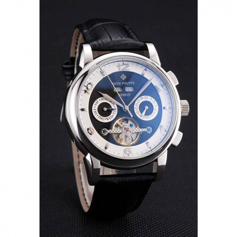 Patek Philippe Perpetual Complications Replica Watch, Automatic, Black Dial, Polished Stainless