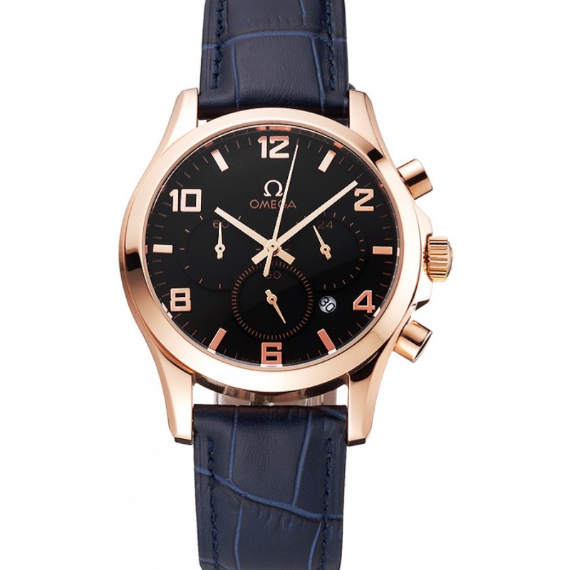 Omega Chronograph Replica Watch, Blue Dial, 18k Rose-Gold Plated Case & Bracelet, Quartz Movement
