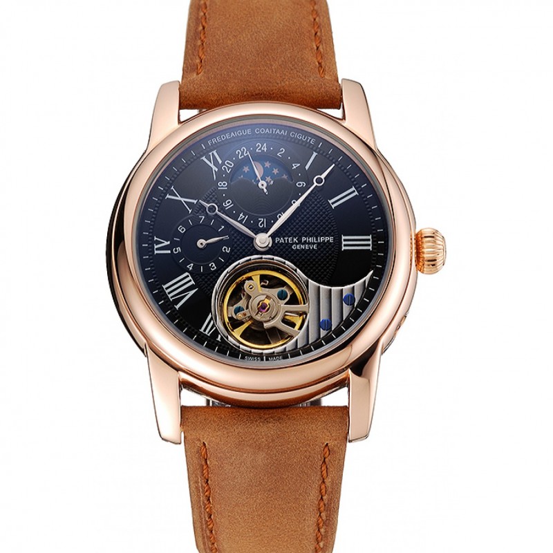 Patek Philippe Grand Complications Replica Watch, Automatic Movement, Black Dial, Leather Band