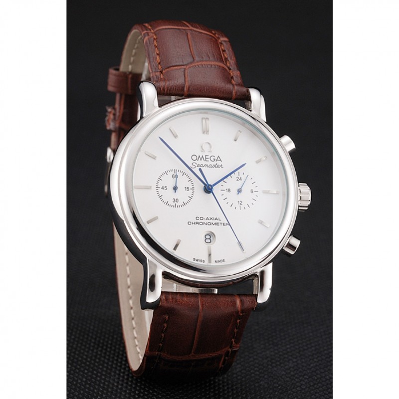 Omega Seamaster Replica Watch, Quartz, Japanese, Polished Stainless Steel Case, Brown Leather