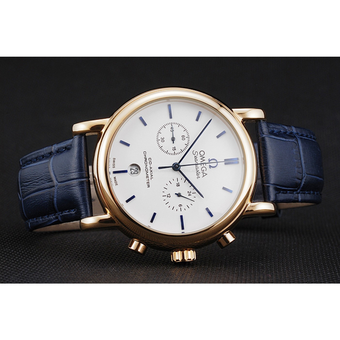 Omega Seamaster Replica Watch, Quartz Movement, 18k Gold Plated Case & Bracelet, White Dial, Blue