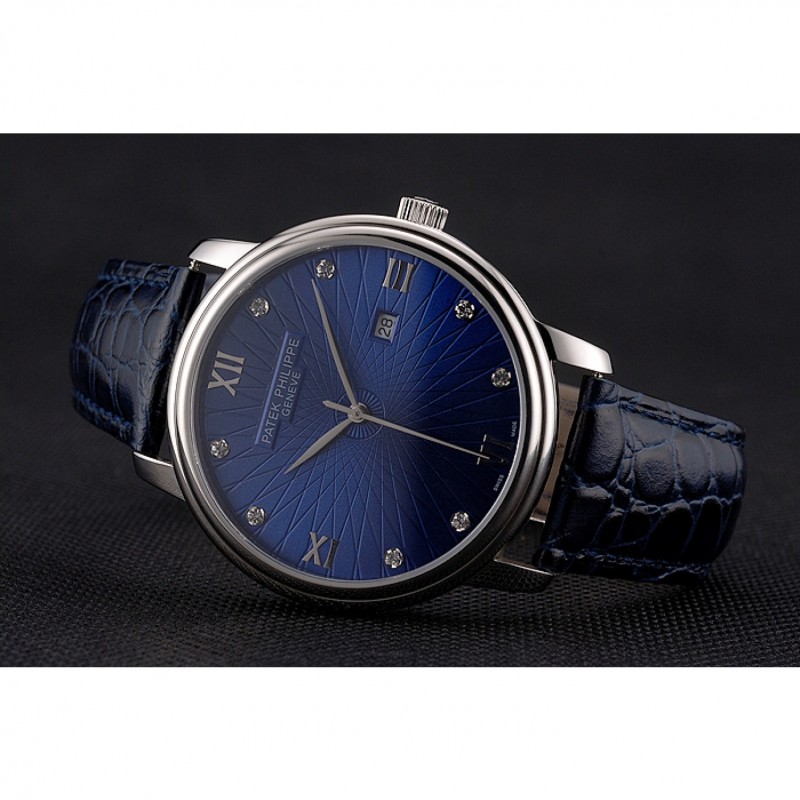 Patek Philippe Calatrava Quartz, Blue Dial, Japanese Movement, Polished SS Case, Blue Croc Strap