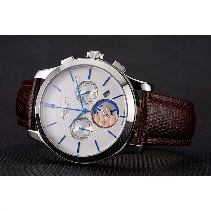 Patek Philippe Chronograph White - Quartz - Japanese - Polished Stainless Steel - Brown Leather