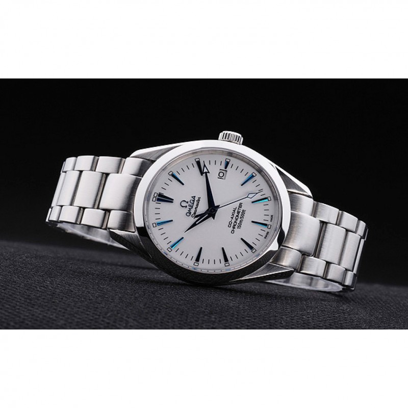 Omega Seamaster OM14 Replica Watch, Quartz Movement, Silver Dial, Brushed Steel Case, White Band