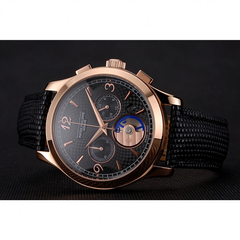 Patek Philippe Complications Chronograph Replica Watch, Black Dial, 18K Rose-Gold Plated, Model