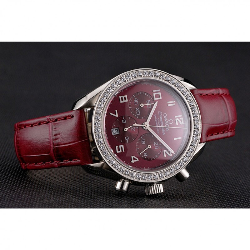 Omega Speedmaster Replica Watch, Burgundy Dial, Japanese Quartz, Polished Steel Case, Diamond
