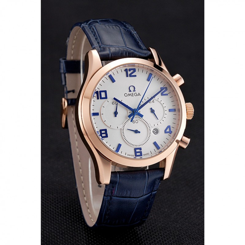Omega Chronograph 48x39mm | Quartz Battery | 18k Rose-Gold Plated | Blue Crocodile Leather Strap