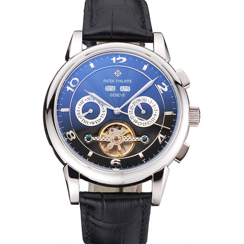 Patek Philippe Perpetual Replica Watch, Automatic Movement, Polished Stainless Steel, Black Dial