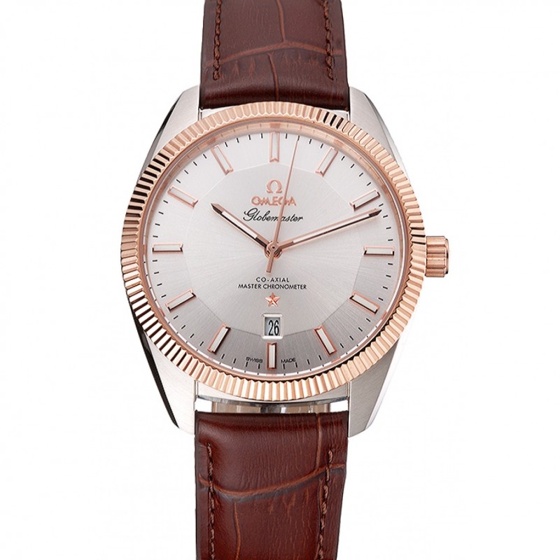 Omega Globemaster Replica Watch, Automatic Kinetic, 18k Rose-Gold Bezel, Brown Leather Strap, Model