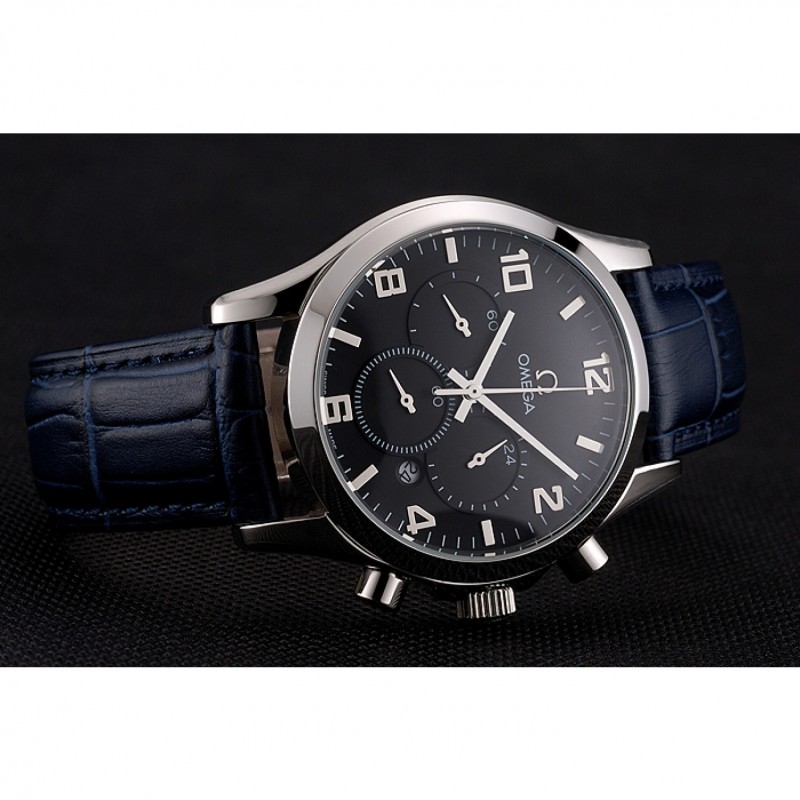 Omega Chronograph Replica Watch - Black Dial, Stainless Steel Case, Japanese Quartz, Blue Crocodile