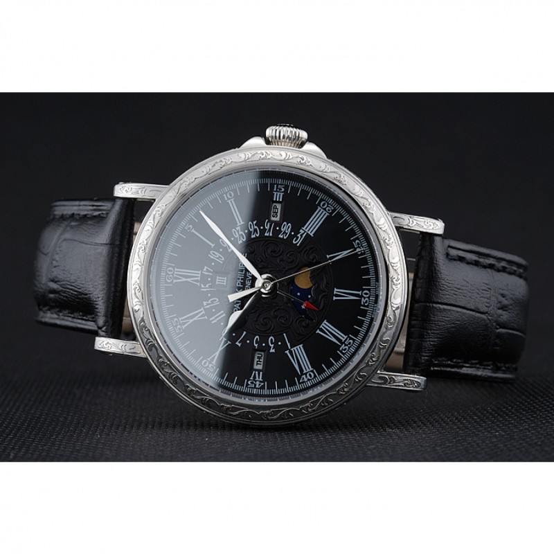 Patek Philippe Perpetual Calendar 1454146 Replica Watch, Japanese Quartz, Black Dial, Stainless