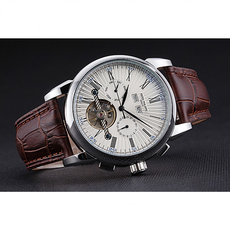 Patek Philippe Grand Complications Replica Watch, Automatic Kinetic, White Dial, Polished SS, Brown