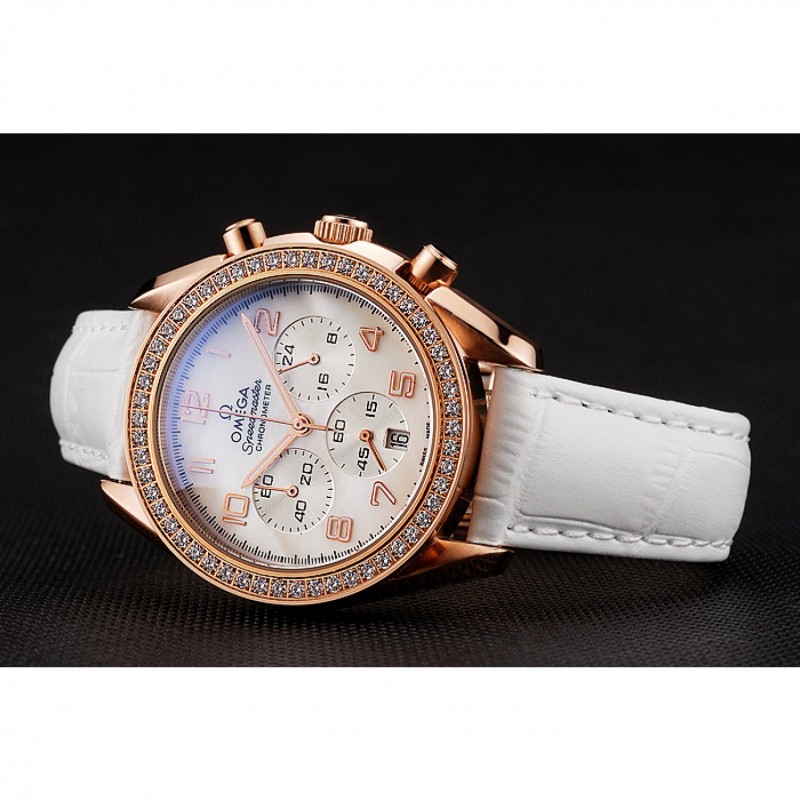 Omega Speedmaster - Quartz - White Dial - Women's Watch - 18k Rose-Gold Plated - Chronograph