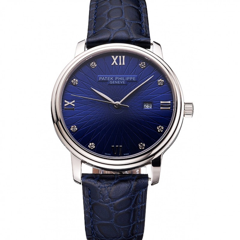 Patek Philippe Calatrava Quartz, Blue Dial, Japanese Movement, Polished SS Case, Blue Croc Strap
