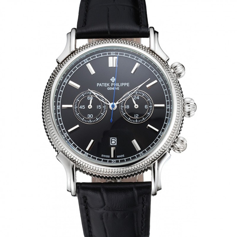 Patek Philippe Chronograph Replica, Quartz Movement, Black Dial, Stainless Steel Case, 52x40mm