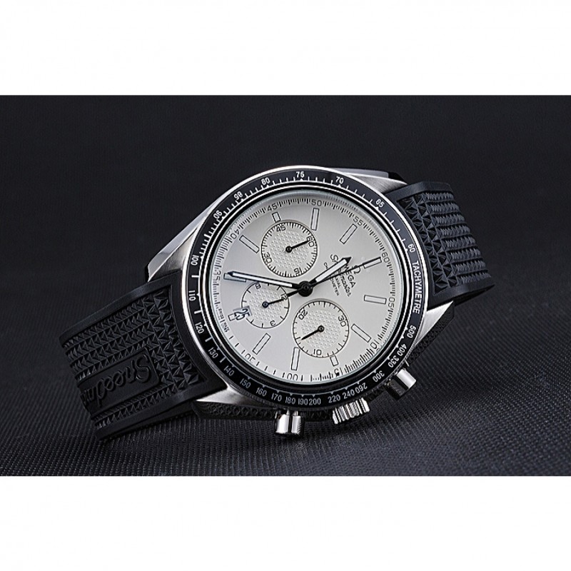Omega Speedmaster 622040 Quartz Replica Watch, White Dial, Brushed Steel Case, Black Rubber Strap