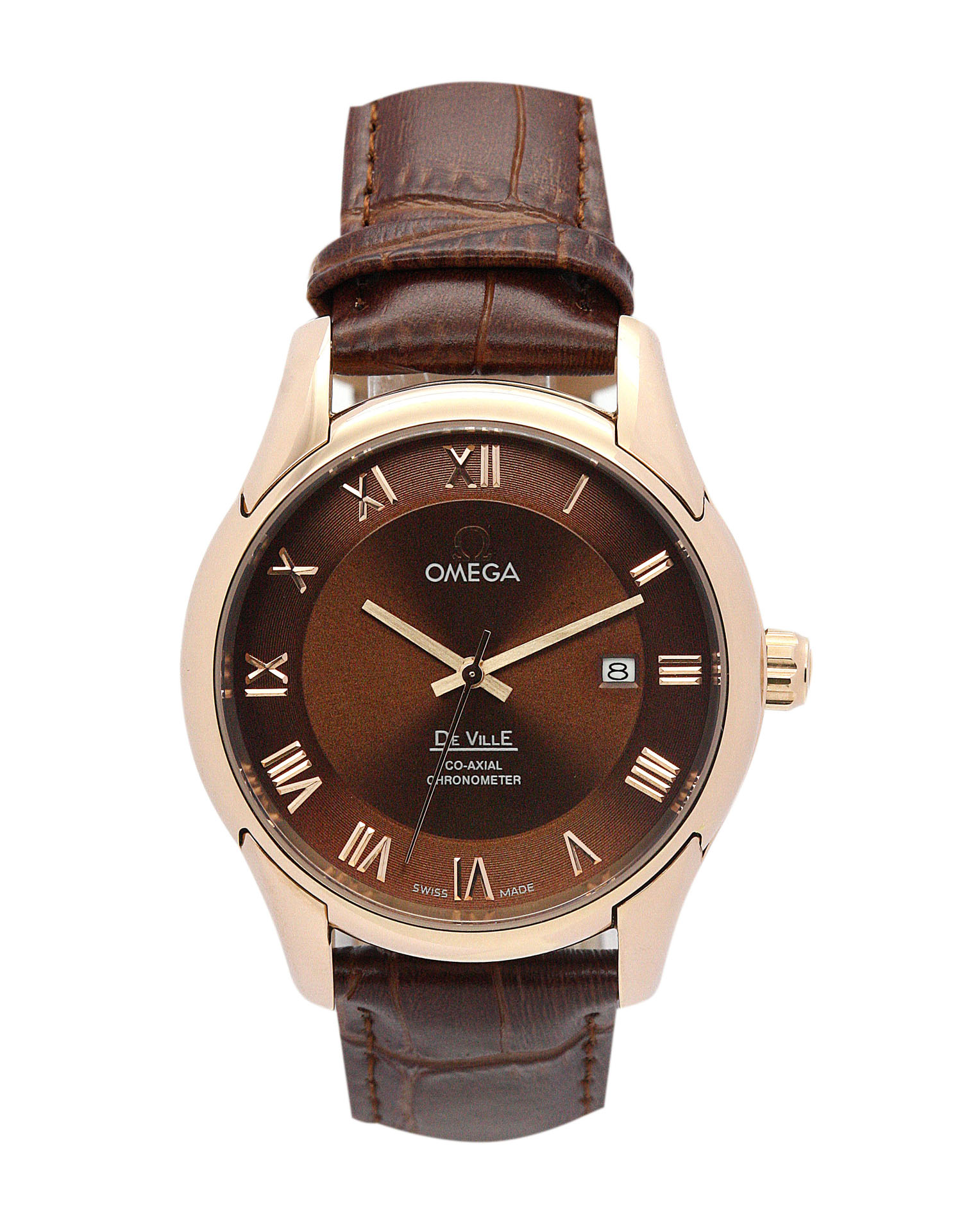 Omega De Ville Hour Vision Mens Automatic Co-Axial 41MM Rose Gold Steel Case Brown Baton Bracelet