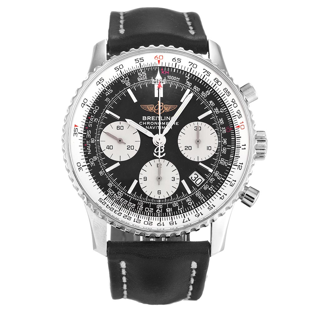 Breitling Navitimer A23322 Mens Quartz Watch, 42mm Stainless Steel Case, Black Dial & Leather Band