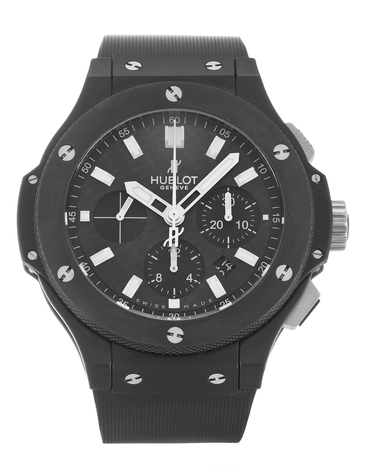 Hublot 44mm 301.CI.1770.RX Mens Quartz Watch, Ceramic Case, Black Carbon Dial, Rubber Bracelet