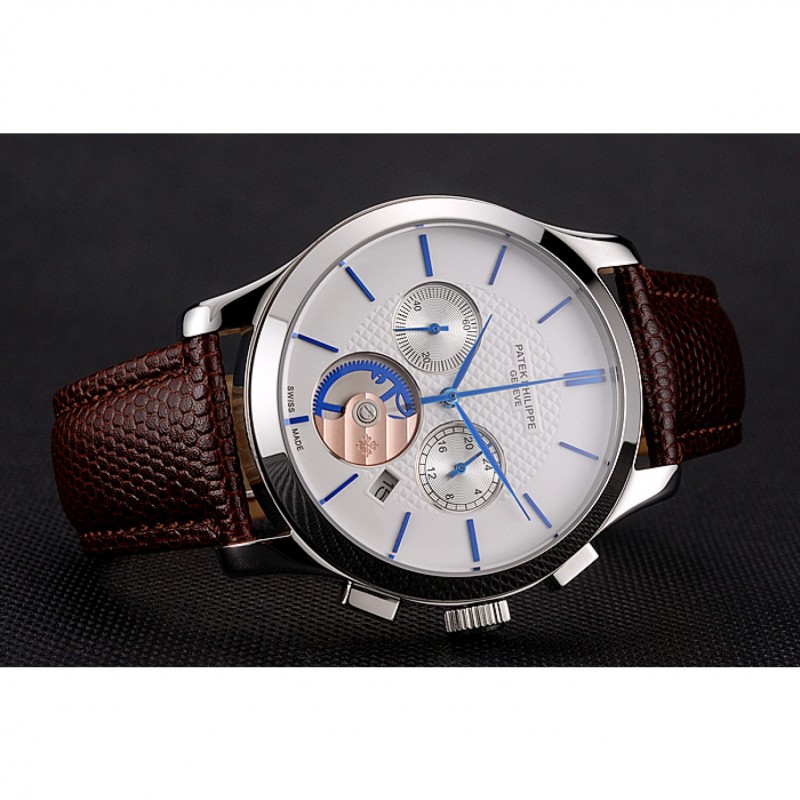 Patek Philippe Chronograph White - Quartz - Japanese - Polished Stainless Steel - Brown Leather